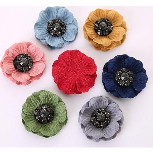 20pcs/lot Satin Beaded Chiffon Fabric Flowers With Rhinestone button Hair Accessories DIY Supply