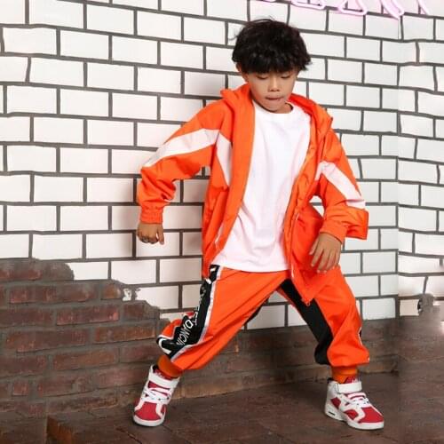 Kids Ballroom Hip Hop Clothing Orange Jacket Running Casual Hiphop Pants For Boys Jazz Dance Costumes Performance Wear DQS3786