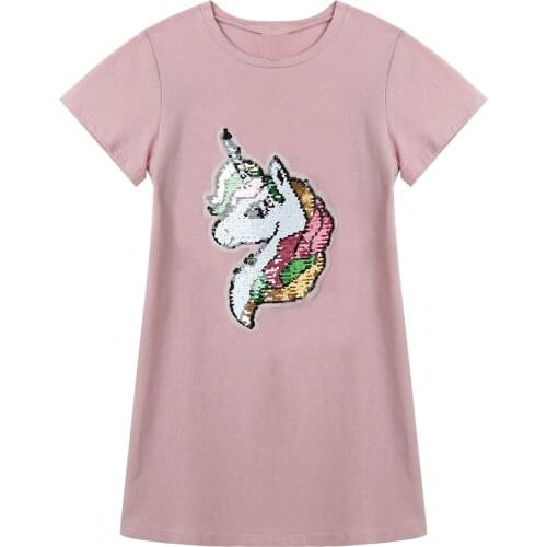 Kids Girls Dress Summer Short Sleeve Baby Girl Dresses Children Casual Cotton Clothing Sequin Cartoon Horse Applique Party Dress