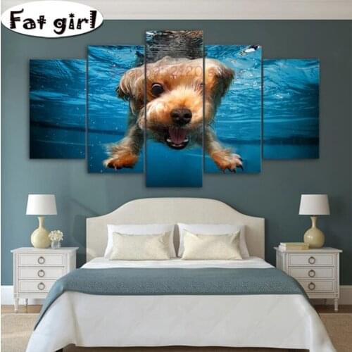 Home Decoration 5D Diy 5 Panel Diamond Painting Animal Dog Full Square Round Drill Embroidery Cross Stitch Mosaic Wall Hanging