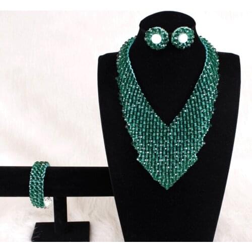 Dudo Nigerian Jewellery Set Teal Green Necklace Set With Drop Earrings and Beaded Bangle For African Traditional Weddings Bridal