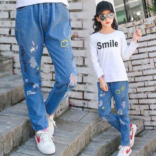 Jeans For Girls Cartoon Jeans Kids Girl Floral Pattern Kids Jeans Spring Autumn Clothes For Girls
