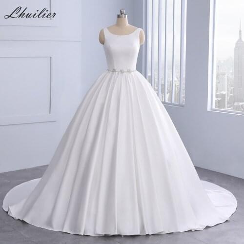 Lhuilier Elegant A-line White Satin Wedding Dresses 2020 Scoop Neck Sleeveless Beaded Chapel Train Bridal Dress with Belt