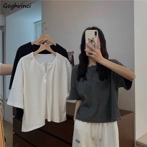 T-Shirts Women Plus Size Summer Sexy Ladies Basic Tees Button Baggy Harajuku Solid Black White Simple All-match Soft Preppy Ins