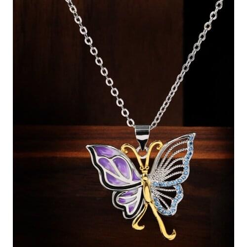 Exquisite Purple Enamel 925 Sterling Silver Butterfly Pendant Pendant Necklace Chain Sweater Chain for Women Wedding Jewelry