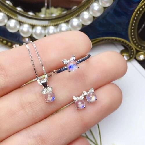 Fashion Lovely cat Natural light moonstone S925 silver ring Pendant earrings natural gemstone Jewelry Set girl party jewelry