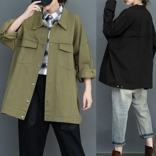 Denim Jacket Female Korean Loose Oversize 2021 Spring Autumn Plus Size Tooling Mid-Length Windbreaker Women Big Pocket Outwear