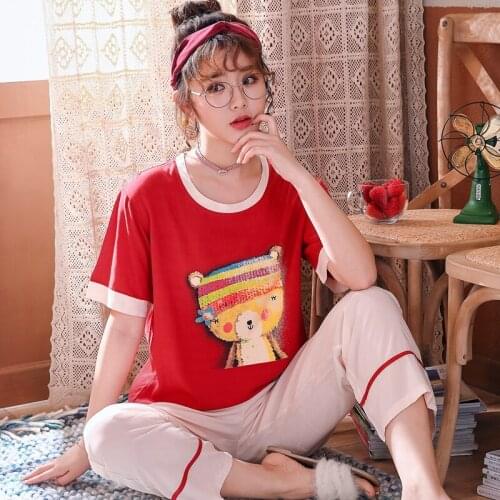 Summer Cotton Pajamas Ladies Suit Short-Sleeved Trousers Cute Thin Section Spring And Autumn Home Service 2PCS Suit Nighties