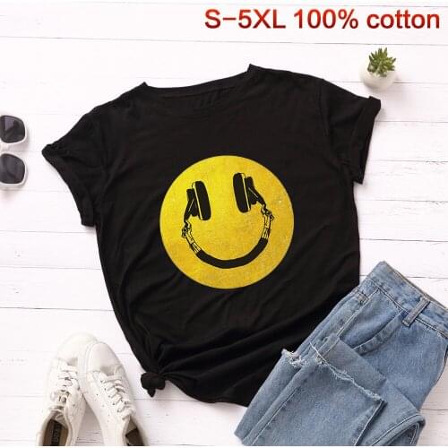Fashion T Shirt Headphones Music Smile Cute Funny T Shirts Tshirt Women Casual Short Sleeve T Shirt Women Tee Shirt Tops