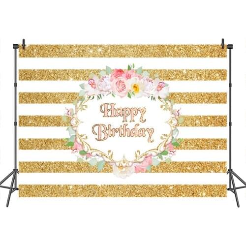 Neoback Happy Birthday Photography Backgrounds Gold and White Stripes Flower Banner Decoration Photography Backdrops Studio