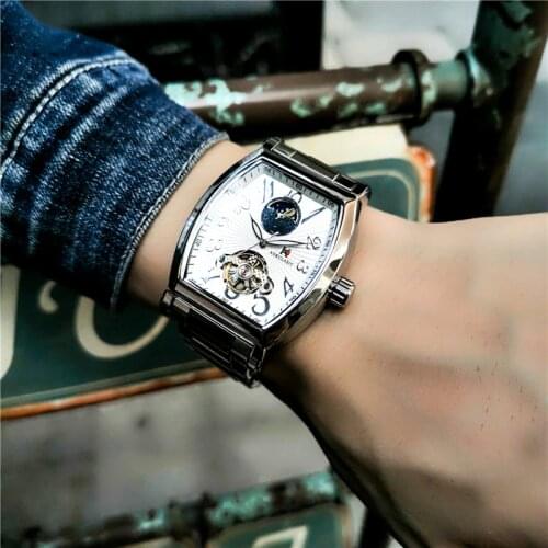 AOKULASIC Barrel-Shaped Mechanical Mens Watch Retro Casual Sun Moon Flywheel Wine Automatic Watches Man Clock Relogio Masculino