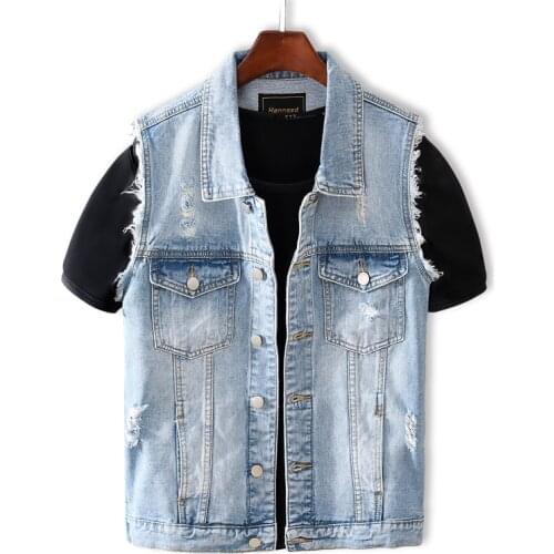 Autumn Newly Fashion Men Vest Light Blue Destroyed Ripped Denim Vest Men Casual Coats Streetwear Hip Hop Sleeveless Chaqueta