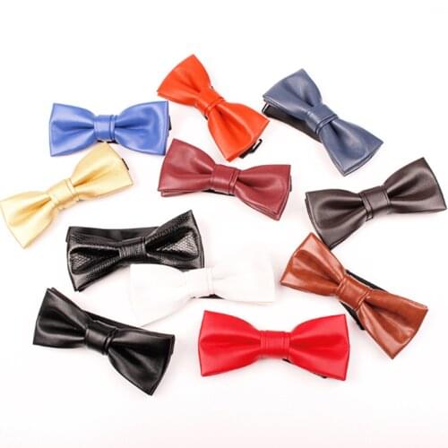 Ricnais Color Solid PU Leather Brown Blue Bow Tie Men Necktie For Business Wedding Party Gift Skinny Cravats Luxurious Bowtie