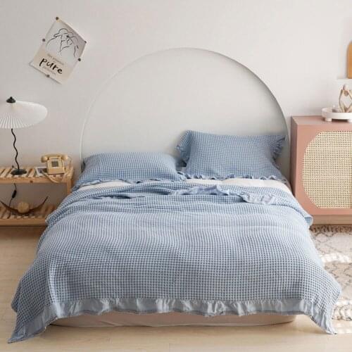Papa&Mima 3D Blue Nordic Knitted Winter Thick Quilted Thread Ruffles Blanket Throws Cotton Full Queen Sheets Bedspread