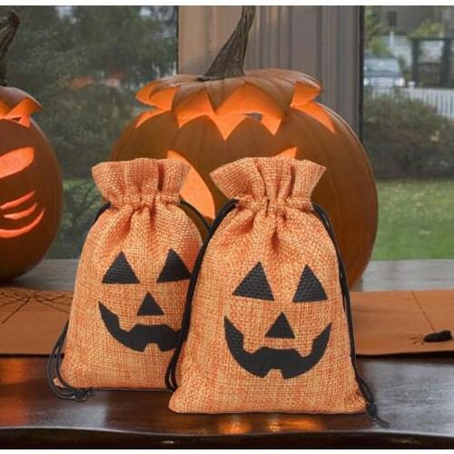 10Pcs Gift Bag Halloween Pumpkin Pattern Drawstring Design Imitation Linen Candy Snack Biscuits Goodie Pouch Party Favors