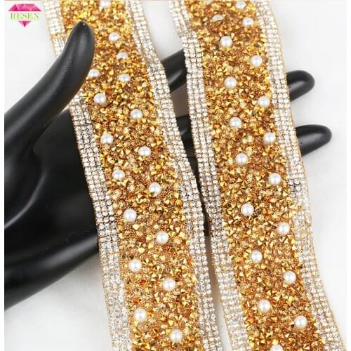 RESEN 1yard Hotfix Pearl Rhinestone Ribbon Trim Topaz Color Resin Rhinestone Banding Sticker For Wedding Dress Belt Decoration