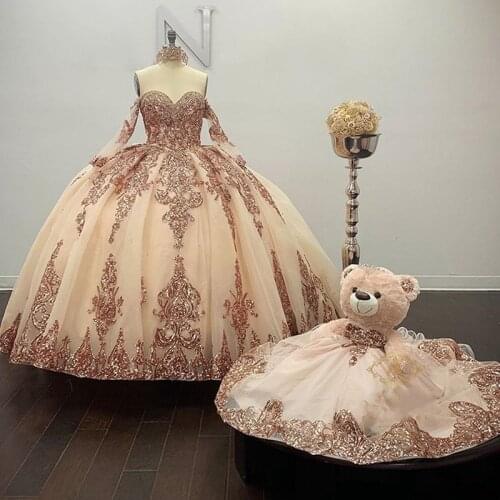 Rose Gold Sparkly Ball Gown Quinceanera Dresses Detachable Sleeves Sweetheart Sequines Applique Sweet 16 Dress Party Wear