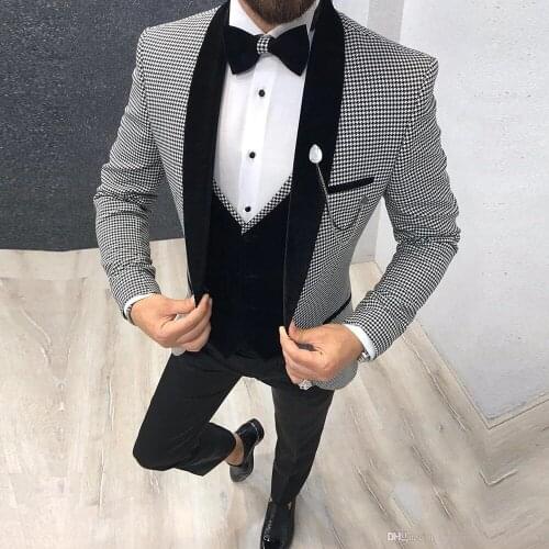 Grey Wedding Mens Suits Slim Fit Business Retro Classic Houndstooth Tweed Wool Formal Groom Tuxedos Custom Made 3 Pieces 2022