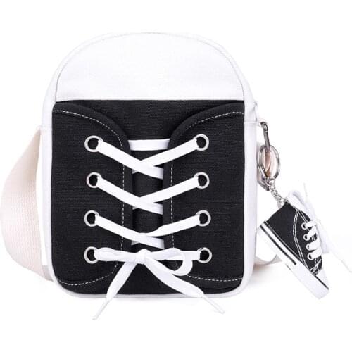 Yong Fashion Cross body Canvas Shoulder Bag Shoe sneaker Shaped key chain for Travel Cell Phone Organizer Coin Case Chest Bag