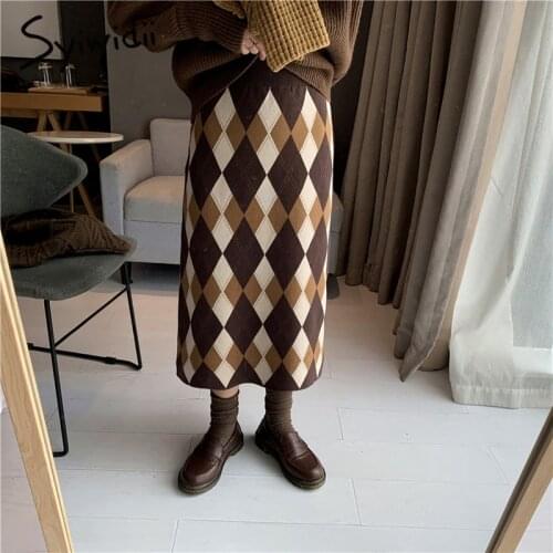 Syiwidii Argyle Knit Skirts for Women Elastic High Waist Fall Winter 2021 Korean Fashion New Long A Line Casual Midi Skirt