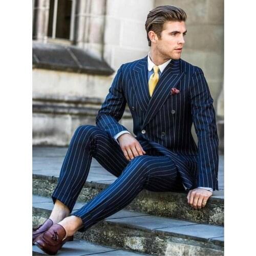 Navy Blue Stripe Peak Lapel Mens Coat Blazer Prom Party Clothing Double Breasted Groom Tuxedos (Jacket+Pants+Tie) W:494