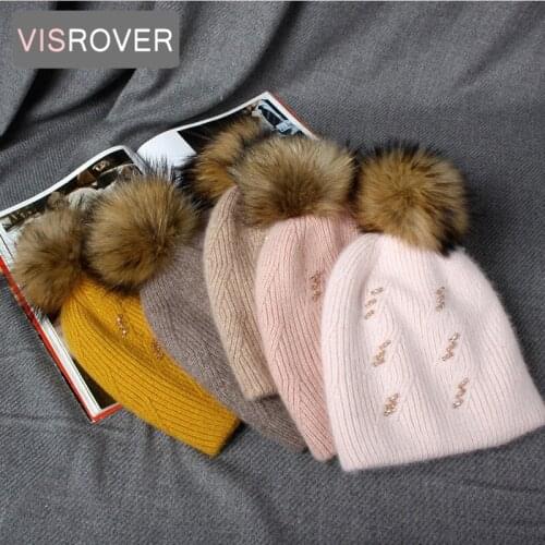 VISROVER 10 Colorway Rabbit Cashmere Woman Winter Hat With Bead Unisex Autumn Cashmere Bonnet With Pompom Woman Warm Skullies