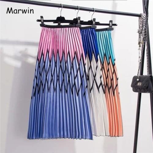Marwin 2019 New-coming Summer Printing Pattern High Street European Style Plaid Women Skirts A-line Mid-Calf Party Skirt