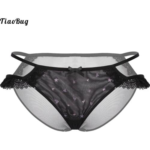 Women Sexy See-Through Mesh Material Low Waist Lace Shiny Glitter Stars Hearts Print Briefs Romantic Underwear