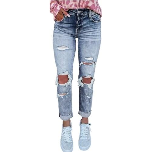 Women Stretch Skinny Hole Denim Pencil Pants 2021 Blue Ripped Jeans for Female Street Style Sexy Mid Waist Distressed Trousers