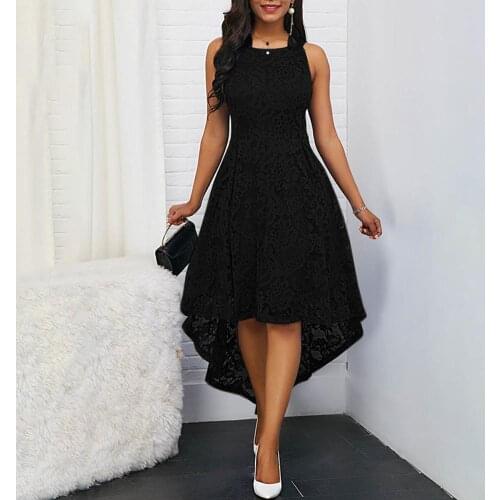 Floral Lace Women Solid Color Sleeveless Irregular Hem Formal Party Midi Dress Womens Sexy Dresses Formal Knee Length Round