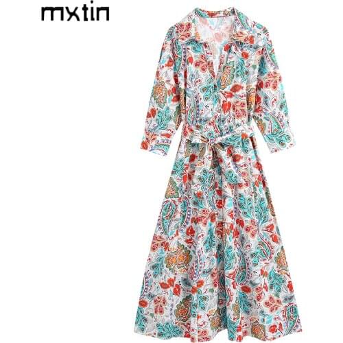 MXTIN 2021 Women Spring Vintage Floral Print Single Breasted Midi Dress Fashion Bow Tie Sashes Lapel Collar Female Dresses Mujer