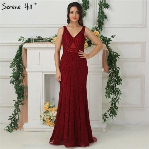Sexy Backless Burgundy V-neck Mermaid Prom Dresses 2019 Crystal Beaded Long Formal Dress Party Dubai Robe De Soiree DLA6693