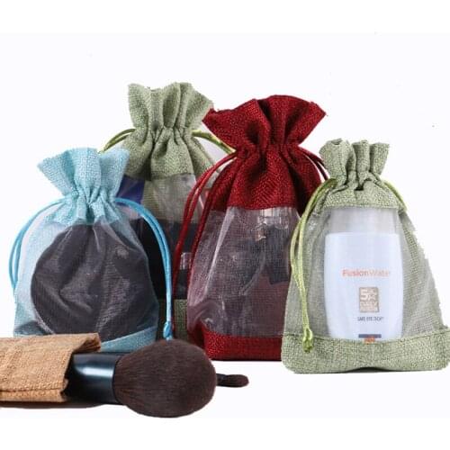 10pcs Linen Organza Bag Bunch Pocket Canvas makeup jewelry display bags wedding Christmas gift drawstring pouch 9 colors