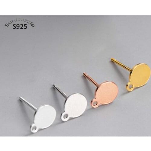 8pcs Real Solid 925 Sterling Silver Earring Stud Needle Post Flat Base Pins With Ring Settings DIY Jewelry Making Findings
