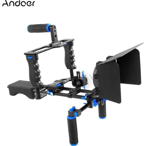 Andoer D221 Camera Camcorder Video Cage Kit with Cage Shoulder Pad 15mm Rod Matte Box Focus Handle Grip for Canon Nikon DSLR