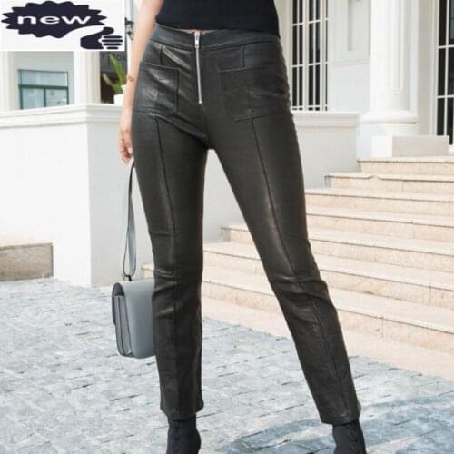 Brand Women Sheepskin Flare Fashion Elastic Slim Fit Real Leather Trousers Streetwear Ladies Front Zipper Black Pants