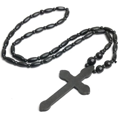 2021 new source natural wood beads cross rosary necklace hip hop Harajuku style dark punk religious wooden necklace