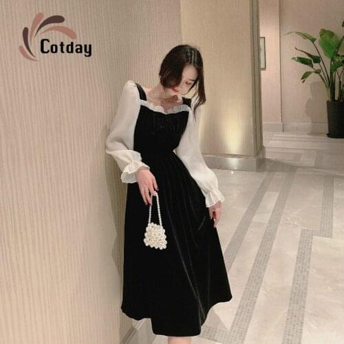 Cotday Black Vintage Mid Calf Square Collar Ruffle Fashion Flare Sleeve Velvet Elegant 2021 Autumn Casual Women Dress