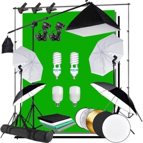 Photography Photo Studio Umbrella Softbox Light Background Kit E27 Socket Lighting Kit 4pcs Backdrops Cantilever Boom Arm Light