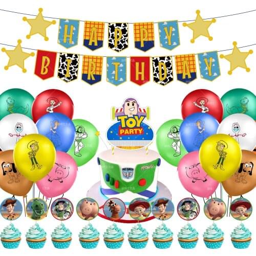Toy Story Theme Decoration Hudi Buzz Lightyear Cake Card Balloon Birthday Pull Flag Balloon Party Set
