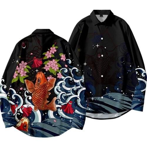 Flower Crap Wave Printed Casual Stand Collar Button Long Sleeve Men Streetwear Loose Shirt Apparel Comfort Tops