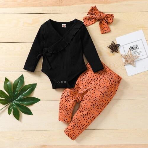 3PCS Baby Girls Casual Outfits Tie-up Ribbed Long Sleeve Round Neck Cross Playsuit+Dot Print Pants+Bowknot Headband Clothes Set