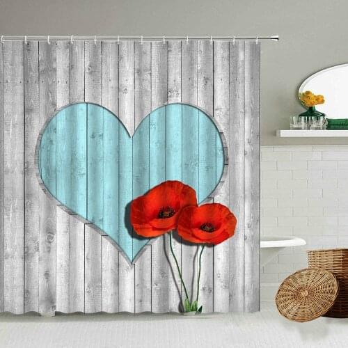 Retro Old Wood Board Love Flower Bathroom Waterproof Screen Shower Curtain Set Country Creative Design Bathtub Curtains Washable