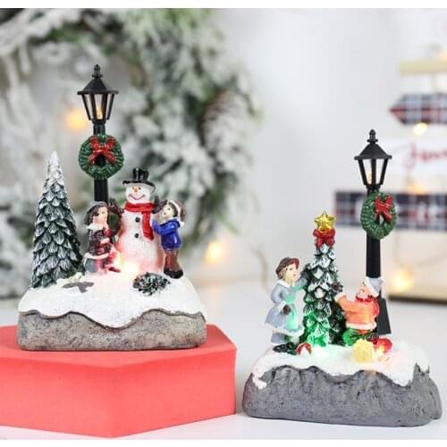 Christmas Village Scene Xmas Tree Snowman Resin Ornament with LED Light Animated Street Lamp Miniature Statue Decoration