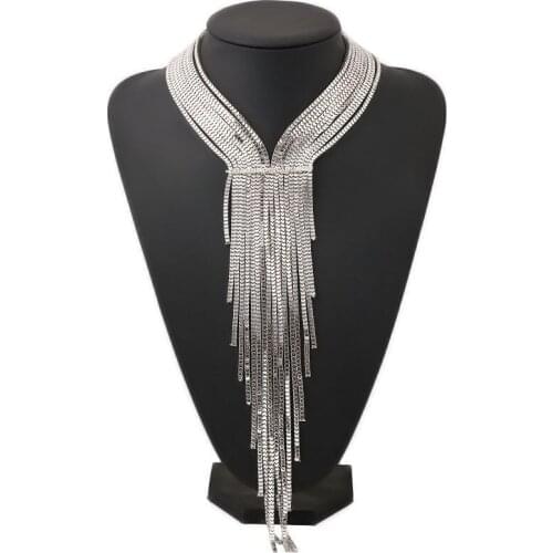 Most Popular Jewelry Rhinestone Long Alloy Gold&Silver Color Tassel Pendant Womens Neckalce for Party Gift