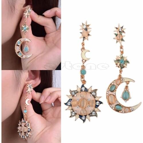 1Pair Chic Fashion Star Sun Moon Rhinestone Crystal Stud Dangle Pretty Earrings