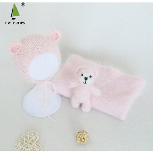 Teddy Bear Bonnet Toy Set Pink Angola Animal Hat Newborn Photography Props Knit Fluffy Outfit Amigurumi Toy Animal Filler