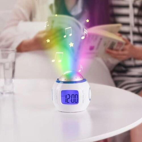 Unique Alarm Clock Children Baby Room Music Starry Sky Projection Night Light Projector Color Change Bedside Lamp Clock