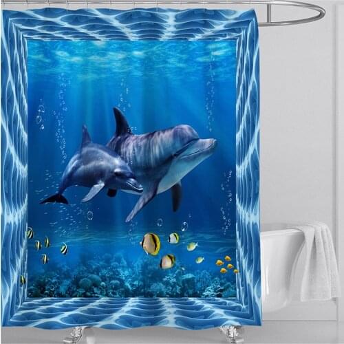 Dolphin Shower Curtains Cute Ocean Animal Blue Seawater Sea Wave Scenery Bathroom Decor Cloth Hanging Curtain With Hooks