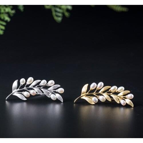 18k Gold S925 Sterling Silver Olive Branch Pearl Brooches For Women Elegant Brooch Female Retro Fine Jewelry High Quality